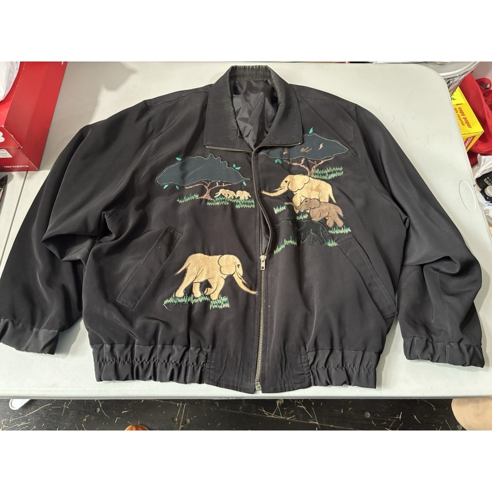 Vtg Elephant And‎ Trees Women's Black Jacket XL